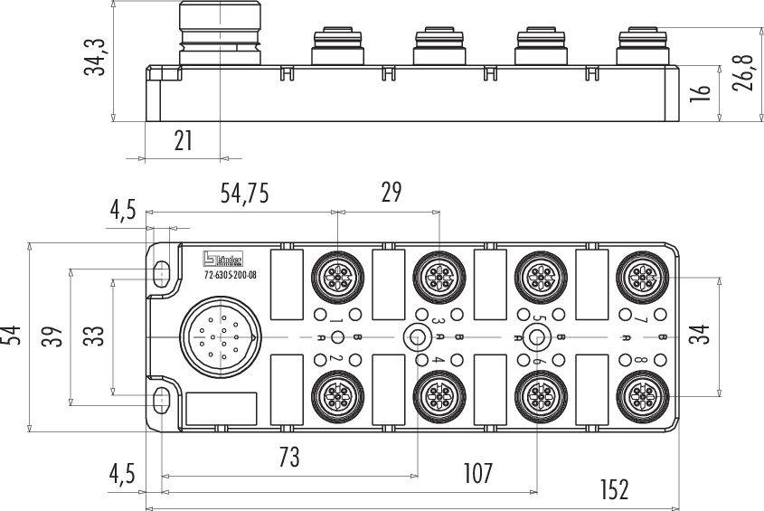Dessin technique d'une multiprise avec dimensions. Présente une vue de dessus et une vue latérale. Dimensions indiquées en millimètres.