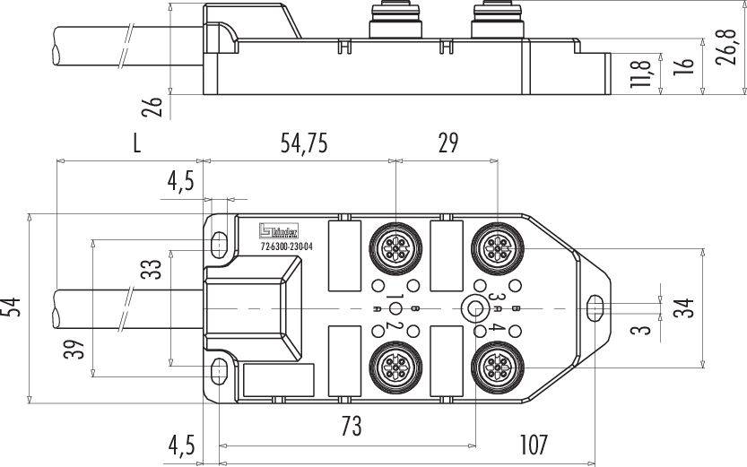 Dessin technique d'un connecteur avec dimensions : Longueur 107 mm, Largeur 54 mm, Hauteur 29 mm, détails de connexion et options de filetage.