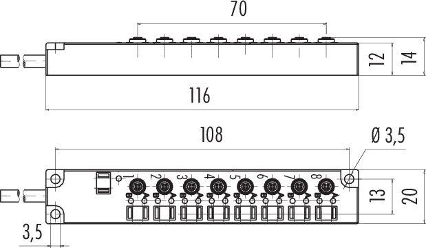 Dessin technique d'un répartiteur électrique avec dimensions : longueur 116 mm, bornes numérotées de 1 à 8, vue de dessus et vue latérale.