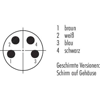 Diagramme d'une fiche de connexion avec quatre broches numérotées. Couleurs : marron, blanc, bleu, noir. Remarque : Versions blindées, blindage sur boîtier.