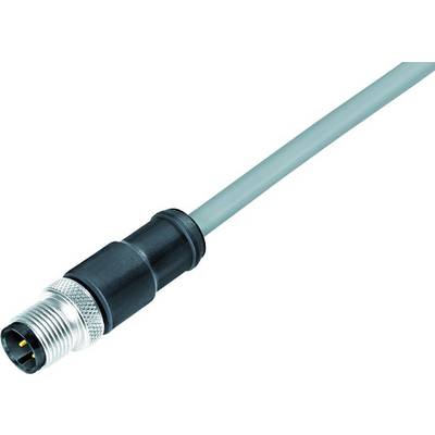 Un connecteur M12 avec câble gris, couramment utilisé dans des applications industrielles pour connecter des capteurs et des systèmes de commande.
