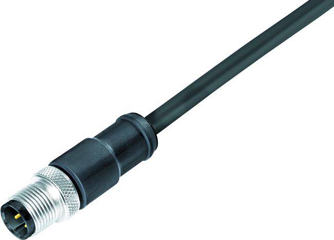 Un câble industriel noir avec un connecteur métallique argenté à son extrémité.