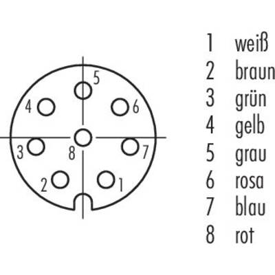 Diagramme d'une fiche à 8 broches avec bornes codées par couleur : 1 blanc, 2 marron, 3 vert, 4 jaune, 5 gris, 6 rose, 7 bleu, 8 rouge.