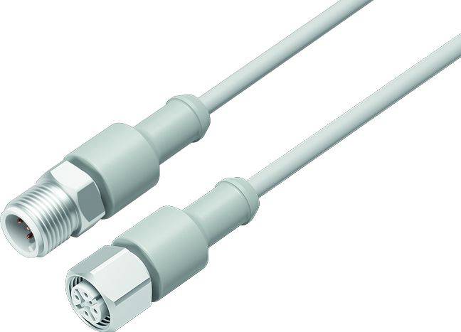 Une paire de connecteurs M12 gris avec une fiche et une prise Schuko, typiquement utilisée pour les connexions de capteurs industriels.