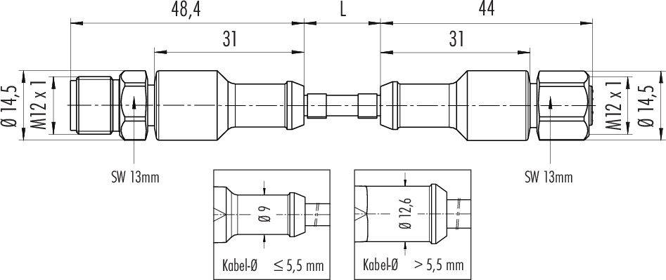 Dessin technique d'un connecteur de câble avec des connexions M12. Les dimensions et les espacements sont indiqués. Adapté pour des diamètres de câble jusqu'à 5,5 mm.