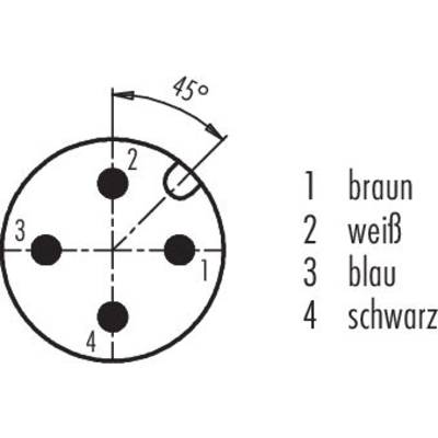 Diagramme d'une fiche ronde avec positions des broches. Broche 1 : marron, Broche 2 : blanc, Broche 3 : bleu, Broche 4 : noir. Angle de 45 degrés marqué.