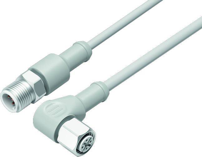 Deux connecteurs gris sur un câble, l'un droit, l'autre coudé ; tous deux munis de filetages métalliques pour des connexions électroniques.