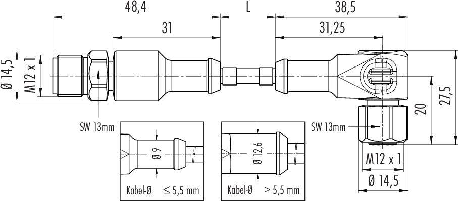 Dessin technique d'un connecteur de câble avec dimensions et indications de filetage. Les détails comprennent les longueurs, les diamètres et les largeurs de clé.