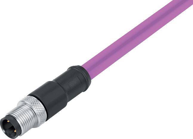Un câble rose avec une fiche noire et métallique, typiquement utilisé pour des applications industrielles.