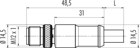 Vue latérale d'un connecteur cylindrique avec dimensions : longueur totale 48,5, diamètre 14,5, filetage M12 x 1.