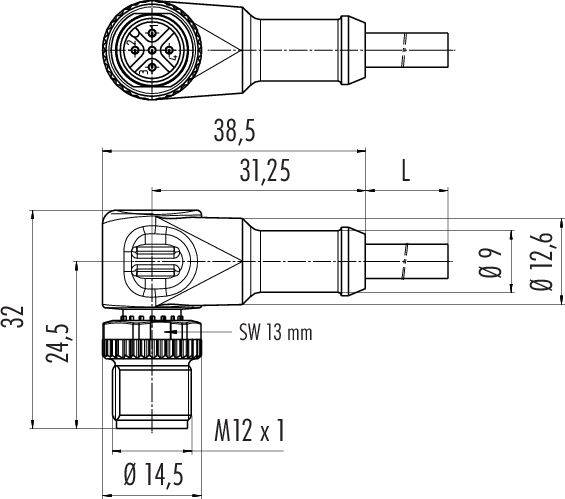 Dessin technique d'un connecteur M12 x 1 avec dimensions en millimètres : 38,5, 31,25 de longueur, 24,5 de hauteur, diamètres 9 et 12,6.