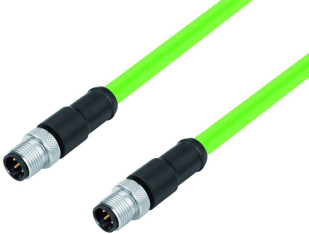 Deux câbles Ethernet verts avec des connecteurs noirs et des bagues métalliques argentées aux extrémités, utilisés pour les réseaux industriels.