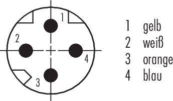 Le diagramme montre un connecteur circulaire avec une numérotation. Les nombres 1 à 4 sont associés aux couleurs jaune, blanc, orange et bleu.