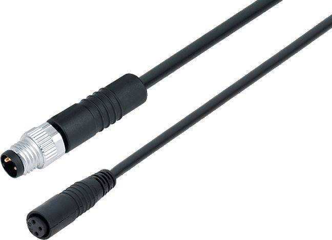 Câble de connexion noir avec un connecteur métallique rond, utilisé pour les connexions électriques.