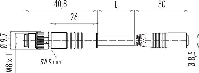 Dessin technique d'une fiche avec dimensions : Longueur 40,8 mm, longueur totale L, longueur supplémentaire 30 mm. Filetage M8 x 1, diamètre 9,7 mm.