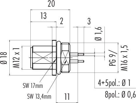 Dessin technique d'un connecteur avec dimensions : Ø18, M12 x 1, SW 17 mm, SW 13,4 mm, longueur 20 mm, PG 9, Ø1,6 mm.