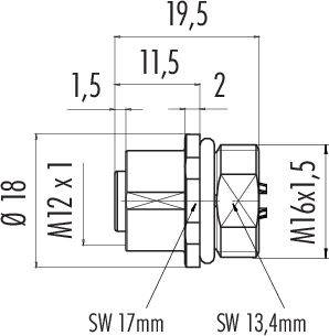 Dessin technique d'un raccord avec les dimensions suivantes : diamètre 18 mm, filetage M12x1 et M16x1,5. Longueur totale 19,5 mm.