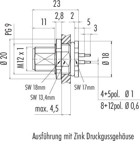 Dessin technique d'un connecteur : Dimensions en mm, vue de profil. Indications : diamètre, profondeur, brochage.