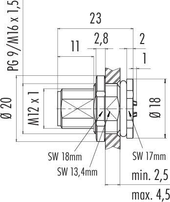 Dessin technique d'un composant cylindrique avec dimensions de filetage. Diamètre, longueur, détails du filetage et couples de serrage indiqués.
