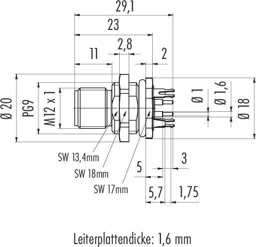 Dessin technique d'un connecteur, montrant les dimensions, y compris le filetage M12x1, le diamètre et l'épaisseur de la carte de circuit imprimé de 1,6 mm.