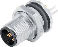 Un connecteur circulaire argenté avec filetage et trois broches en cuivre pour la connexion électrique, représenté de côté.