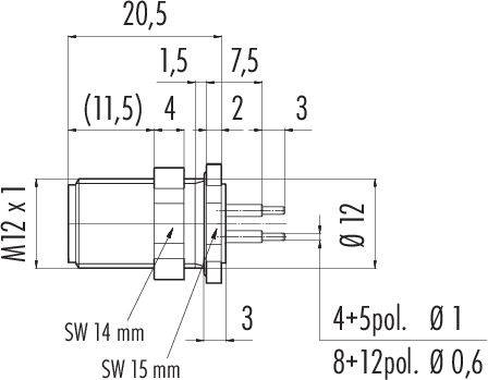 Dessin technique d'un connecteur cylindrique avec dimensions : longueur 20,5 mm, filetage M12, profil de fiche de 12 mm de diamètre, différentes distances de contact représentées.