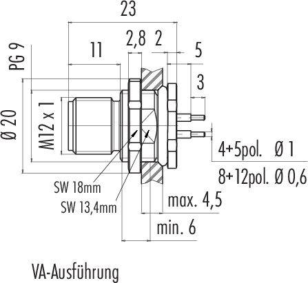 Dessin technique d'un connecteur. Dimensions et détails tels que le diamètre et la taille du filetage sont indiqués. Version en acier inoxydable.
