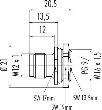Dessin technique d'un élément de connexion avec dimensions : diamètre 21 mm, longueur 20,5 mm, filetage M12 x 1 et M16 x 1,5.