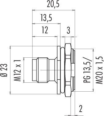 Dessin technique d'un connecteur avec filetage M12 x 1. Dimensions principales : longueur totale 20,5 mm, diamètre 23 mm.