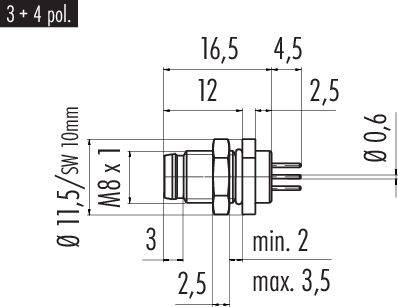 Dessin technique d'un connecteur M8 à 3+4 pôles : dimensions en mm, filetage M8 x 1, longueur totale 16,5 mm, diamètre 11,5 mm.