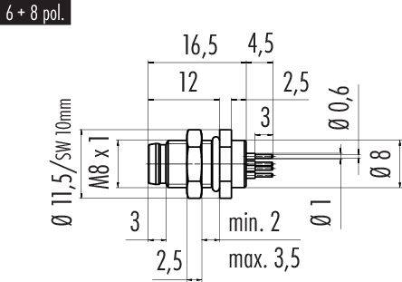 Dessin technique d'un connecteur avec les dimensions et les annotations en millimètres. Caractéristiques principales : longueur de 16,5 mm, filetage M8.