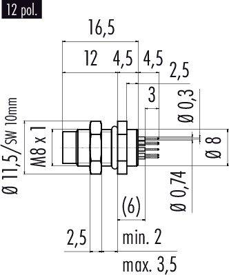 Dessin technique d'un connecteur avec différentes dimensions en millimètres. Montre le diamètre, le filetage et les broches.