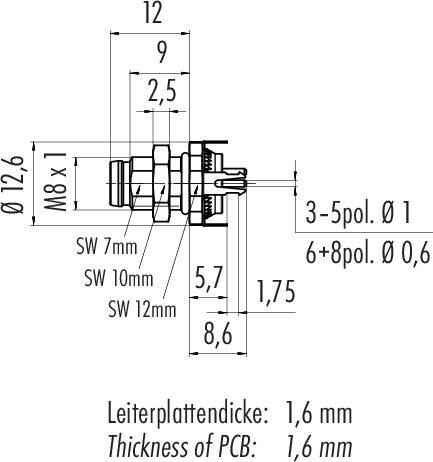 Dessin technique d'une fiche avec dimensions et filetages. Les annotations indiquent le diamètre, les longueurs et des remarques sur l'épaisseur de la plaque.