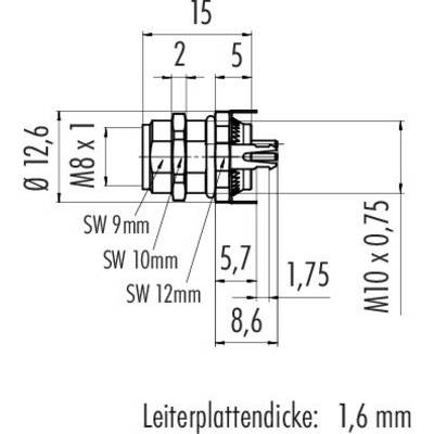 Dessin technique d'une fiche. Dimensions : Diamètre 12,6 mm, filetage M8 x 1, écrou M10 x 0,75, épaisseur de circuit imprimé 1,6 mm.