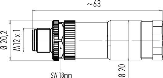 Dessin technique d'un connecteur cylindrique. Dimensions : longueur env. 63 mm, diamètre 20,2 mm, filetage M12 x 1, clé de 18 mm.