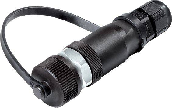 Un connecteur cylindrique noir avec fermeture à vis et couvercle en plastique. Adapté pour les connexions industrielles.