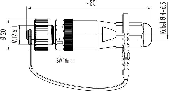 Dessin technique d'un connecteur. Dimensions : longueur ~80 mm, diamètre 20 mm, diamètre du câble 4-6,5 mm, filetage M12 x 1.