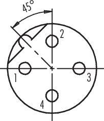 Diagramme : Un disque rond avec quatre trous numérotés. Une flèche indique un angle de 45 degrés traversant le disque.