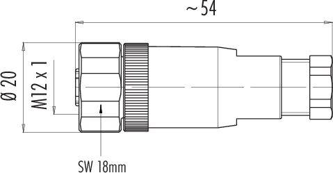 Dessin technique d'une fiche cylindrique avec dimensions : diamètre 20 mm, longueur d'environ 54 mm, filetage M12 x 1, largeur de clé 18 mm.