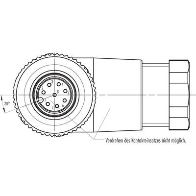 Dessin technique d'un connecteur avec un angle d'inclinaison de 20°. Broches de contact numérotées. Remarque : 'Rotation de l'insert de contact non autorisée.'