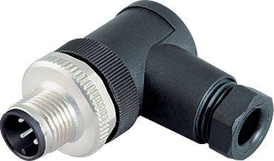 Un connecteur M8 noir coudé avec un boîtier en plastique et un filetage métallique. Adapté aux applications industrielles.