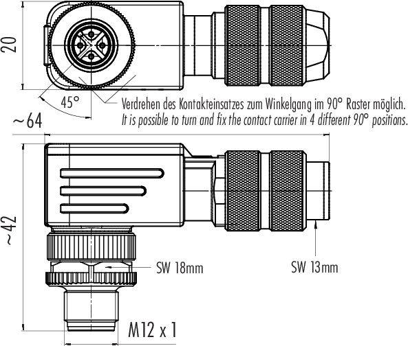 Dessin technique d'un connecteur électrique avec indication des dimensions, montrant les possibilités de rotation du support de contact par incréments de 90 degrés.