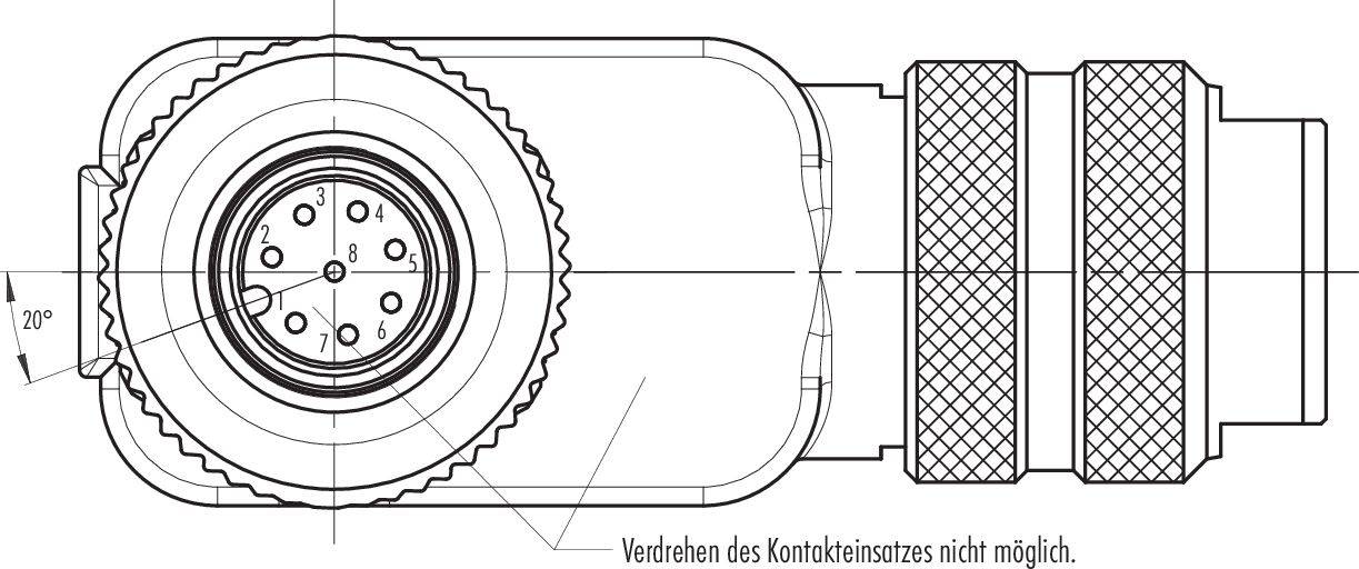 Dessin technique d'une fiche cylindrique avec des broches de contact et un motif quadrillé sur la poignée. Texte : 'Rotation du module de contact impossible.'
