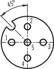 Le diagramme montre une fiche ronde avec cinq broches numérotées. La broche 1 est marquée par une encoche à 45 degrés.