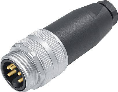 Un connecteur cylindrique noir avec un filetage métallique présente quatre contacts dorés pour la connexion électrique.