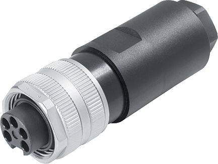 Un connecteur cylindrique noir avec un filetage argenté à l'extrémité avant et plusieurs contacts circulaires.