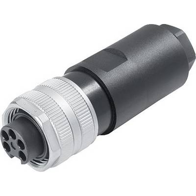 Un connecteur cylindrique noir avec un filetage argenté à l'extrémité avant et plusieurs contacts circulaires.
