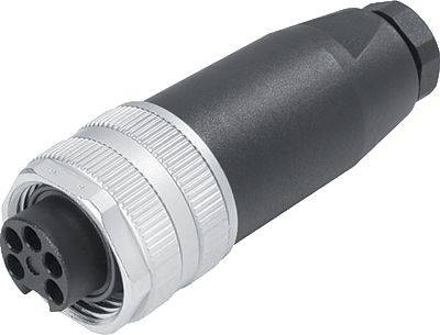 Un connecteur électrique noir avec un verrou métallique argenté, de forme cylindrique, destiné à la connexion de câbles ou d'appareils.