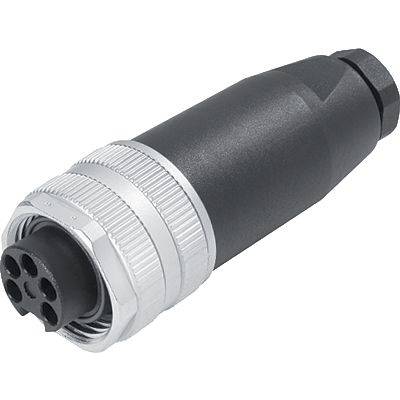 Un connecteur électrique noir avec un verrou métallique argenté, de forme cylindrique, destiné à la connexion de câbles ou d'appareils.