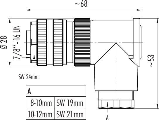 Dessin technique d'un connecteur rectangulaire avec dimensions : diamètre 28 mm, longueur 68 mm, largeurs de clé 19, 21, 24 mm.